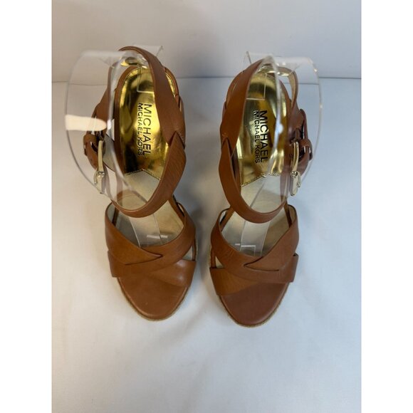Michael Kors Espadrilles Wedge Sandals Womens Size 7M Brown Leather Ankle Strap - Picture 3 of 12